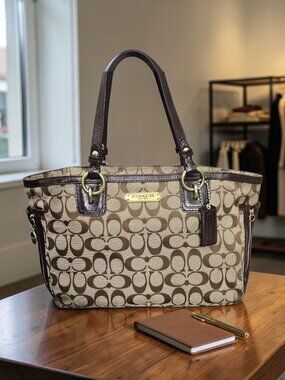 Coach Gallery Signature Tote Canvas Leather Pocket Shoulder Bag COA F19249